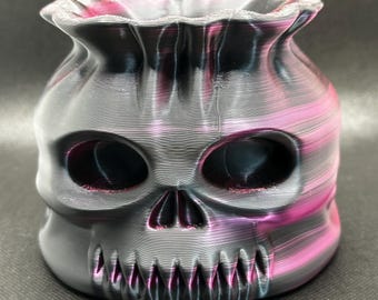 Vaso em formato de caveira impresso em 3D – Vaso gótico preto e roxo, organizador de mesa