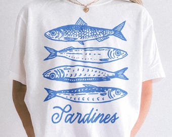 Comfort Colors sommar-T-shirt, sardiner-skjorta, retro-skjorta med konserverad fisk, vintage-skjorta med konserverad fisk, sardiner-grafik-t-shirt Amalfi-estetik