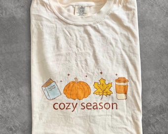 Comfort Colors® Cozy Season Shirt, Books Lover Fall Gift, Pumpkin Season Shirt, Cute Pumpkin Tee, Autumn Leaf Shirt, Fall Coffee Latte Shirt