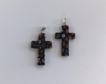 Millefiori Black Cross Pendant Focal with Bail Set of 2