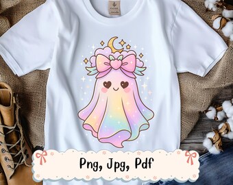 Kawaii Pastel Ghost Clipart | Rainbow Moon Bow Halloween Design (PNG JPG PDF)