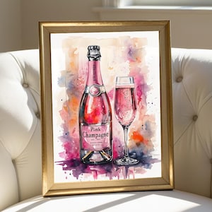 Pink Champagne Wall Art Printable | Blush Watercolor Wine Decor | Kitchen & Bar Print | Parisian Glam Bathroom Poster | Digital Download