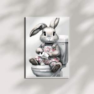 Funny Bunny Bathroom Wall Art | Rabbit on Toilet Digital Print | Cute Animal Bathroom Decor | Bunny Holding Toilet Paper | Quirky Art