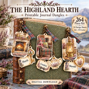 Scottish Highland Junk Journal Dangles, Printable Tags & Quote Charms, Heather Thistle Tartan Ephemera, Cottagecore Fussy Cuts