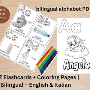 Italienisch Englisch Alphabet Flashcards & Malseiten - zweisprachige Printable Pack für Kleinkinder Vorschulkinder, PDF-Download, früher Lernspaß