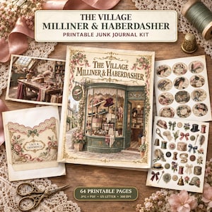 Könnte beinhalten: Ein druckbares Junk-Journal-Set mit dem Titel The Village Milliner & Haberdasher, bestehend aus einem zentralen Bild einer Ladenfront, einem Bogen mit runden Vintage-Aufklebern, einer Vorlage für eine Spitzentasche und einer Innenansicht.
