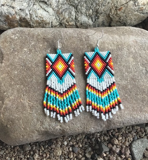 Native Diamond Beaded Earrings with Fringe | Etsy