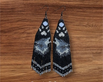 Wolf Howling at the Moon Beaded Earrings with Fringe