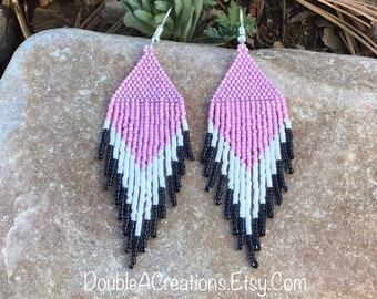 Pink and Black Beaded Earrings with Fringe