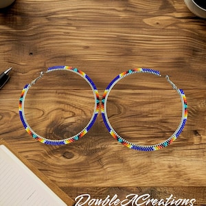 Navy Blue with Native Colors Beaded 2 1/2 inch Hoop Earrings