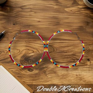 Red with Native Colors Beaded 3 inch Hoop Earrings