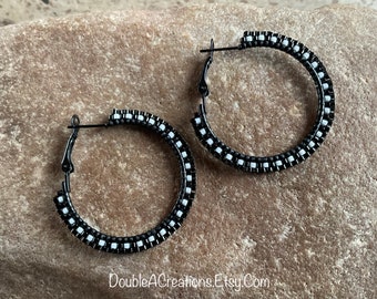 Black and White Beaded 1 1/4 inch Black Hoop Earrings