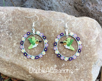 Green Hummingbirds in Purple Flowers Beaded Earrings