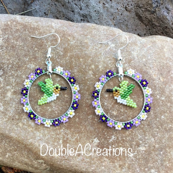 Green Hummingbirds in Purple Flowers Beaded Earrings