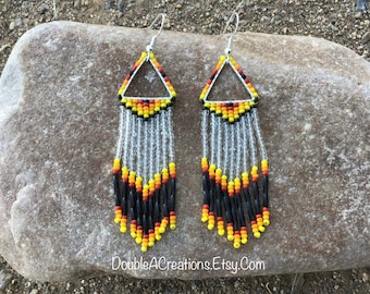 Native Colors Triangle Beaded Earrings with Fringe