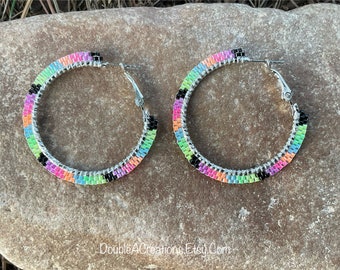 Rainbow Beaded 1 1/2” inch Hoop Earrings