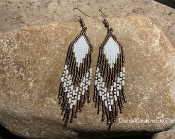 Chocolate and Brass Beaded Earrings with Fringe