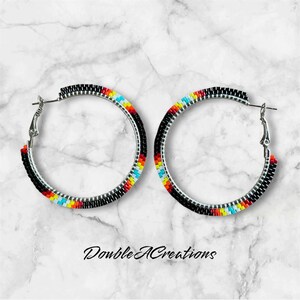Black with Native Colors Beaded 1 3/4 inch Hoop Earrings