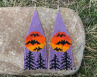 Bats in the Moon Beaded Earrings with Fringe