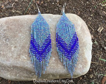 Rainbow Gunmetal and Navy Beaded Earrings with Fringe