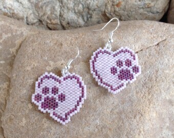 Pink and Purple Puppy Love Heart Peyote Beaded Earrings