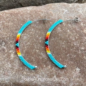 Turquoise with Native Colors Beaded Half Hoops