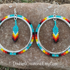 Turquoise with Native Colors Beaded 2 inch Hoop Earrings with Beaded Feathers