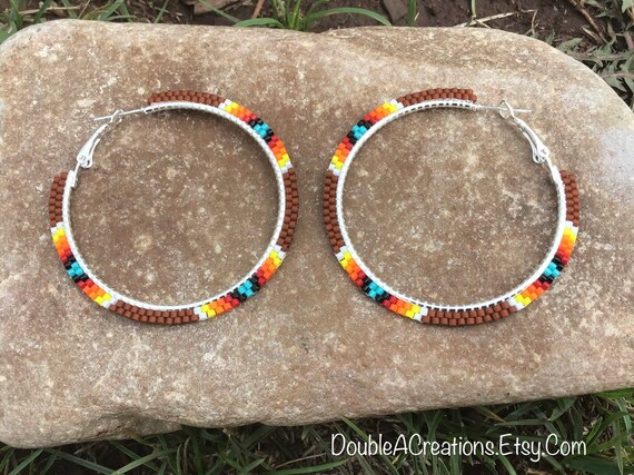 Buy Brown With Native Colors Beaded 2 Inch Hoop Earrings Online in