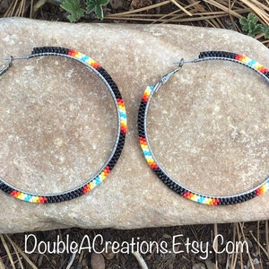 Black with Native Colors Beaded 2.5 inch Hoop Earrings