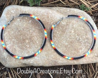 Black with Native Colors Beaded 3 inch Hoop Earrings