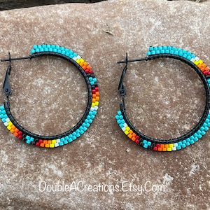 Turquoise with Native Colors Beaded 1 1/4 inch Black Hoop Earrings