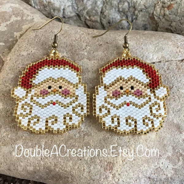Santa Clause Face Trimmed in Gold Peyote Beaded Earrings