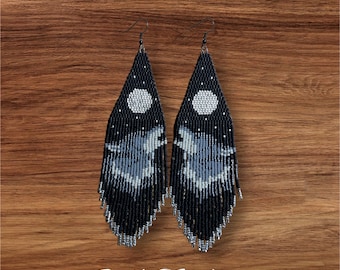 Wolf Howling at the Moon Beaded Earrings with Fringe