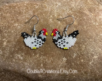 Black and White Chicken Beaded Earrings