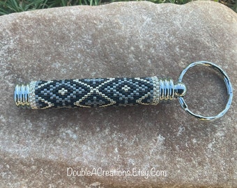 Black Gray and Silver Beaded Hidden Compartment Keychain