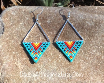 Turquoise with Native Colors Triangle Beaded Earrings
