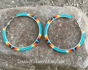 Turquoise with Native Colors Beaded 2 inch Hoop Earrings