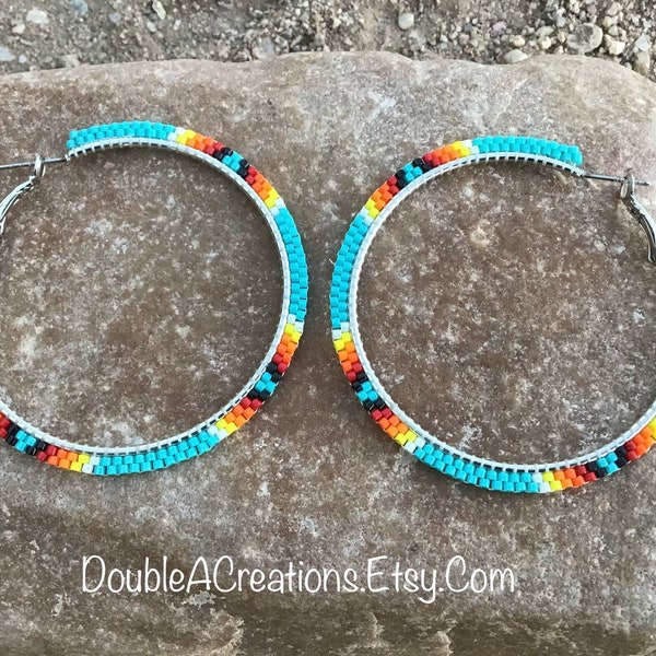 Turquoise with Native Colors Beaded 2 inch Hoop Earrings