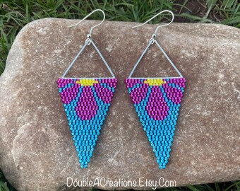 Pink and Blue Daisy Triangle Beaded Earrings