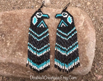 Native Turquoise Ravens Beaded Earrings with Fringe