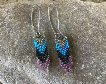 Beaded Feather Earrings in Silver Blue and Purple