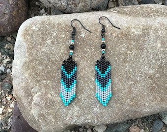 Beaded Feather Earrings in Black Grays and Turquoise