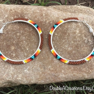Brown with Native Colors Beaded 2 inch Hoop Earrings