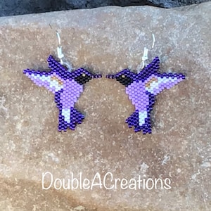 Purple Hummingbird Beaded Earrings image 1