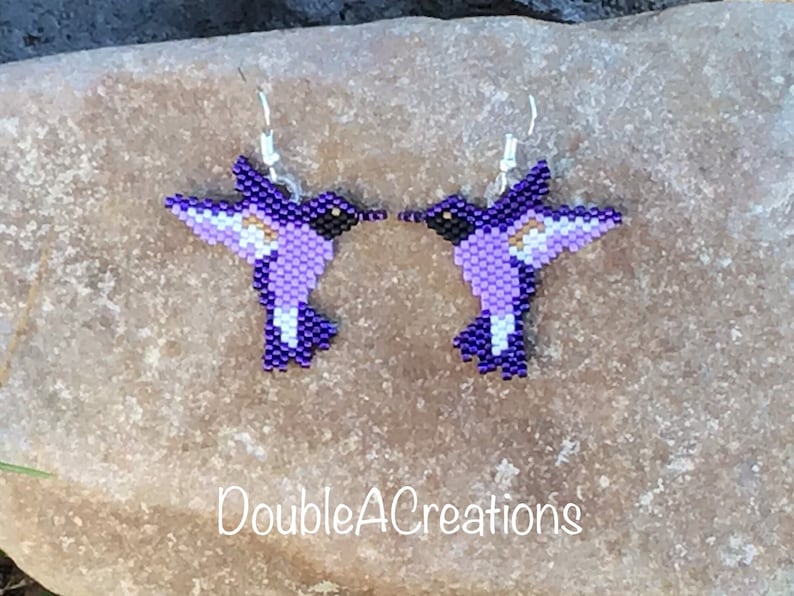 Purple Hummingbird Beaded Earrings image 1