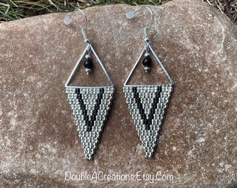 Silver and Black Triangle Beaded Earrings