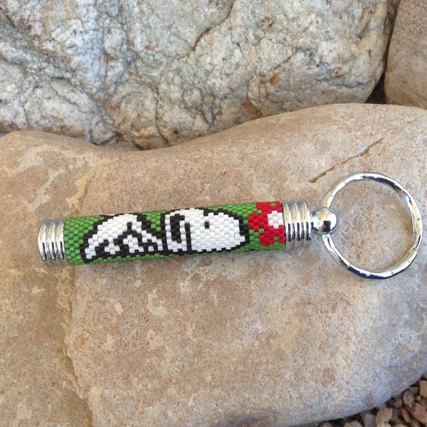 Snoopy Smelling Flowers Peyote Beaded Hidden Compartment Keychain