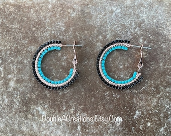 Turquoise and Black Beaded 1 inch Copper Hoop Earrings