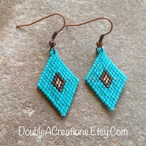 Copper Penny and Turquoise Diamond Beaded Earrings