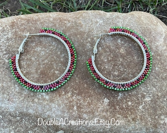 Red Watermelon Beaded 1 1/2” inch Hoop Earrings